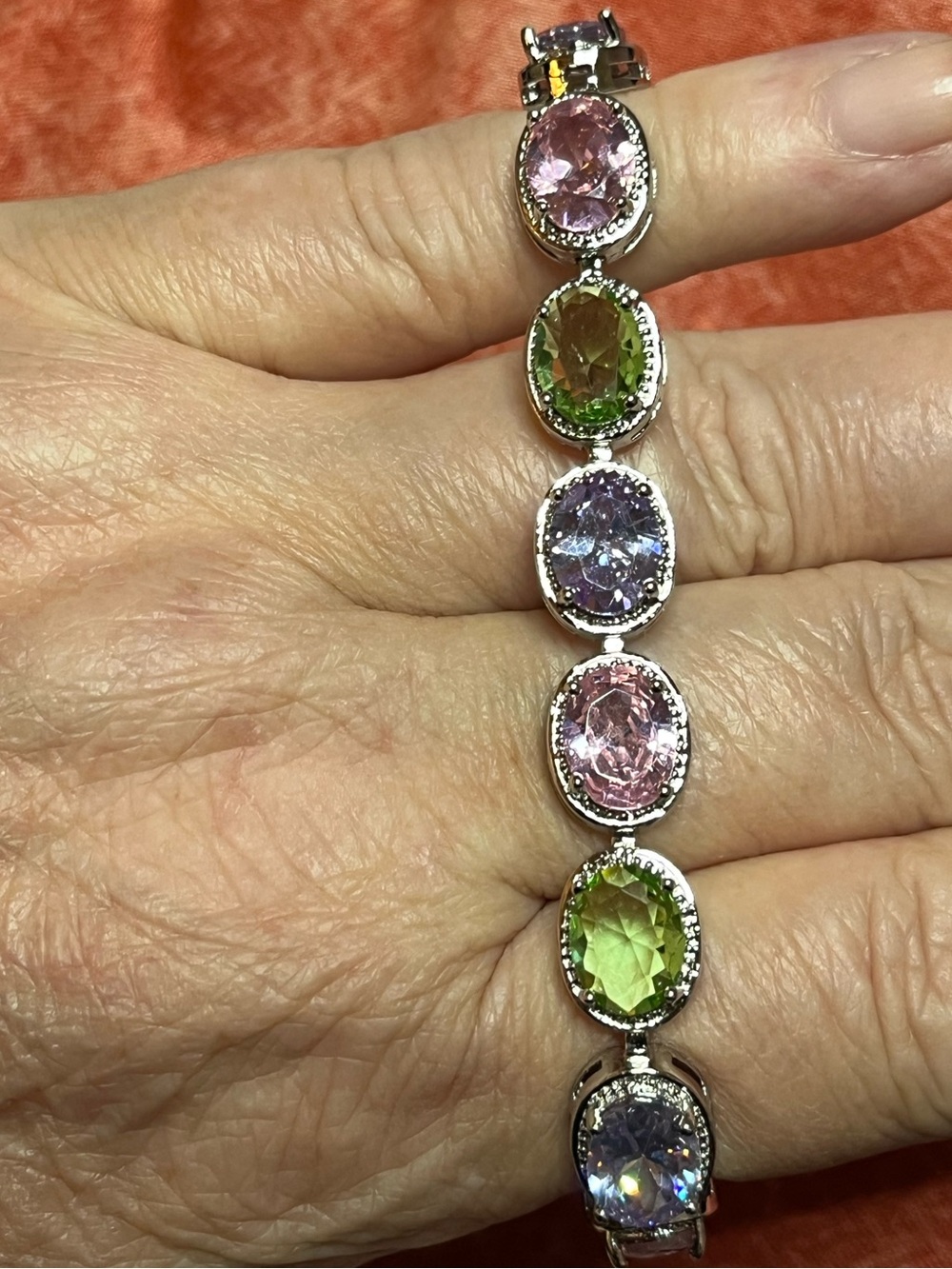 Multi-Gemstone Fashion Silver Bracelet - Pink, Green, Purple 6-5”